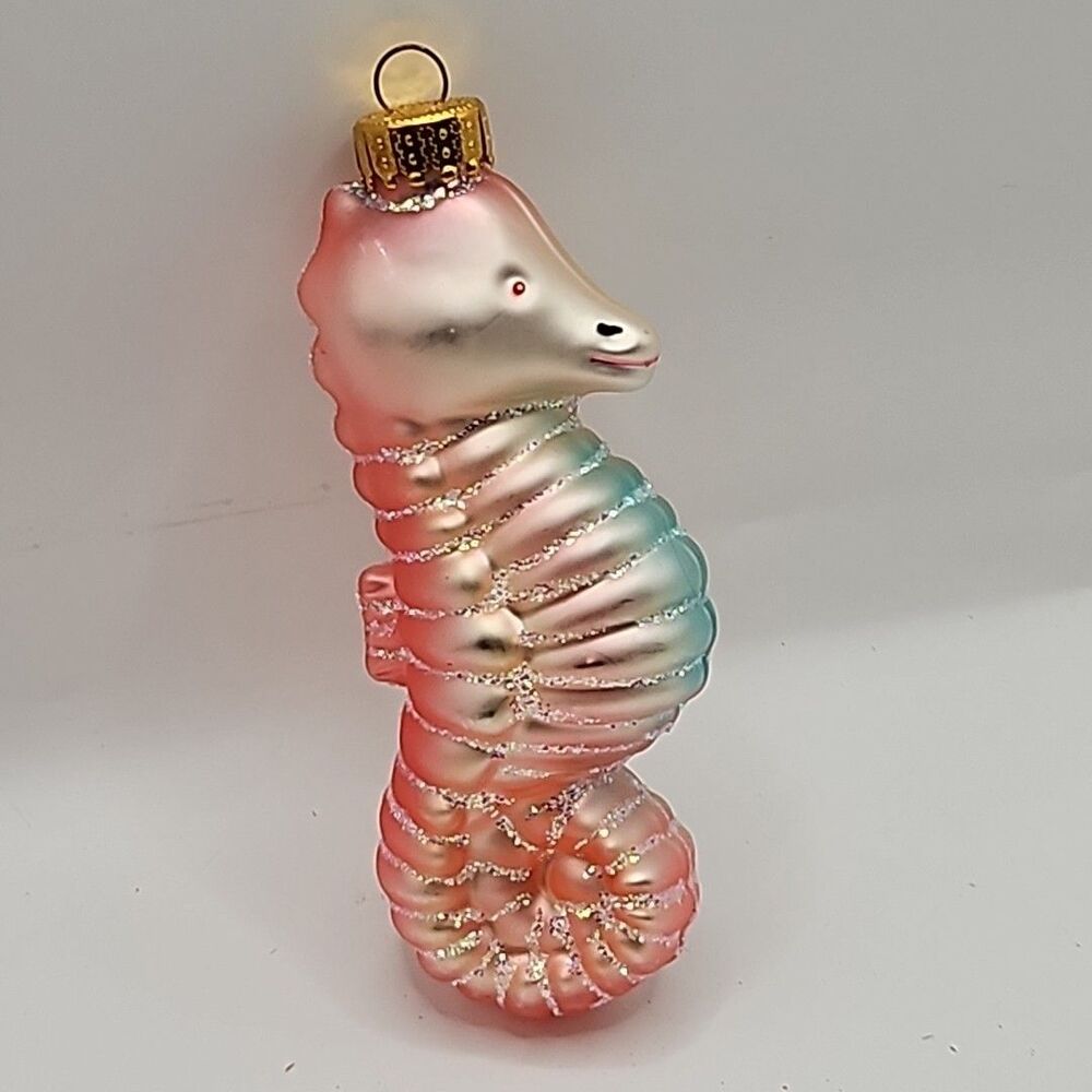 UT Unique Treasures Sea Horse Pink Glitter Christmas Glass Ornament